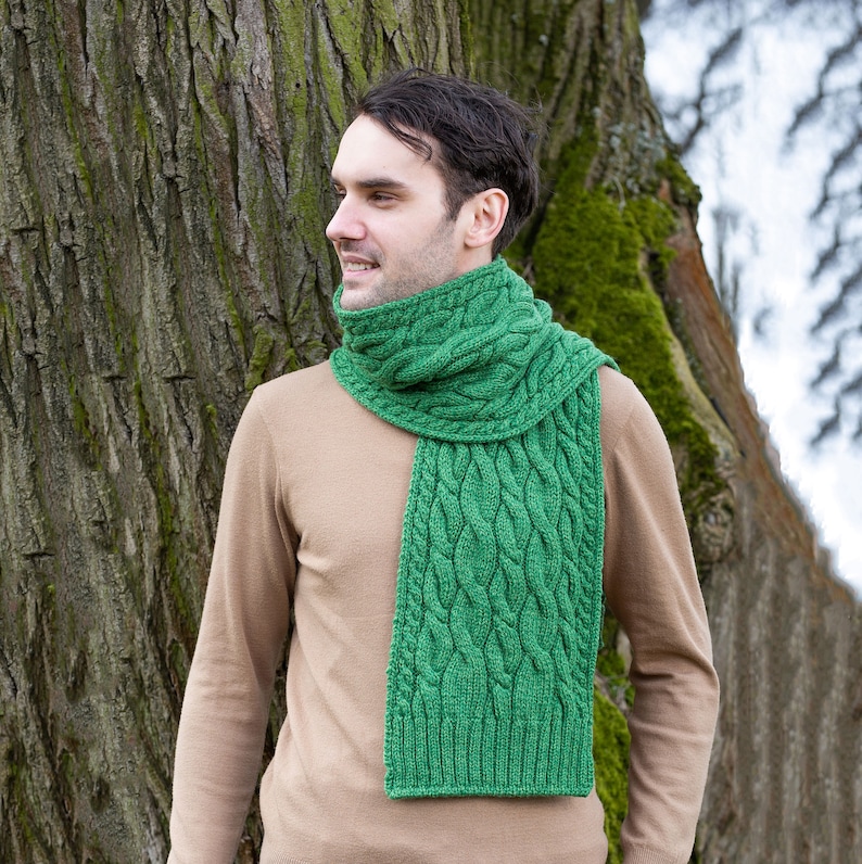 Aran Irish Wool Cable Knit Winter Scarf 100% Pure Merino Wool Shawl Super Soft, Warm, and Cozy Men Accessories Irish Aran Knitting Green