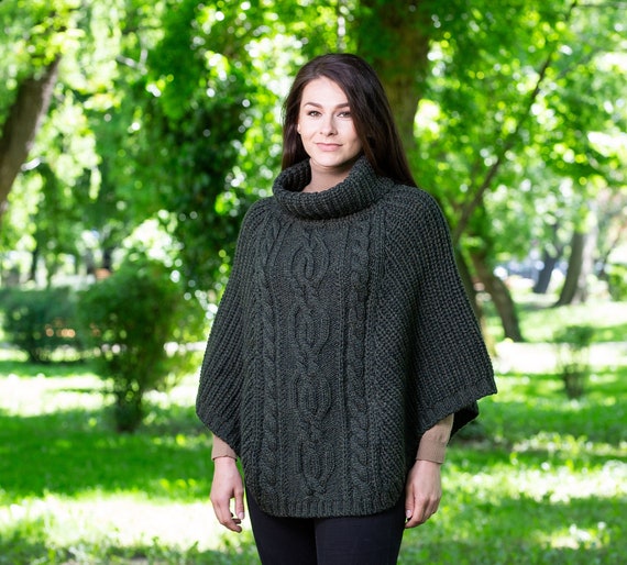 Cable poncho, Aran poncho, Irish wool cape