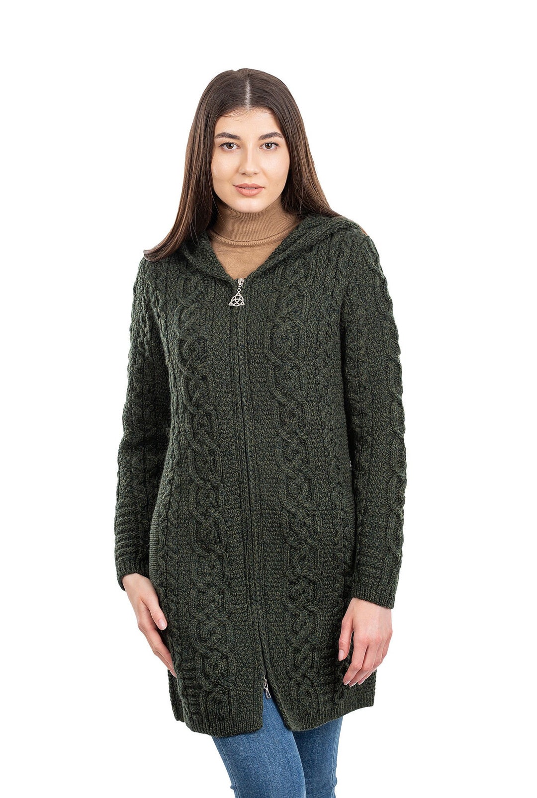 Aran Ireland Knitted Coat for Women With Pockets, Hood and Celtic
