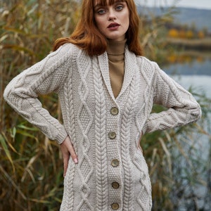 Aran Traditional Ladies Shawl Neck Cardigan Sweater for Women, V-neck Shawl Collar Cardigan for Ladies, Irish Fisherman Buttoned Cardigan image 1