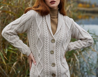 Aran Traditional Ladies Shawl Neck Cardigan Sweater for Women, V-neck Shawl Collar Cardigan for Ladies, Irish Fisherman Buttoned Cardigan