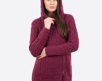 SAOL Aran Cardigan à capuche en tricot torsadé pour femme, 100 % laine mérinos, nœud trinité, zippé, fabriqué en Irlande