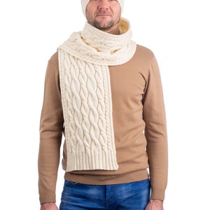 Aran Irish Wool Cable Knit Winter Scarf 100% Pure Merino Wool Shawl Super Soft, Warm, and Cozy Men Accessories Irish Aran Knitting White