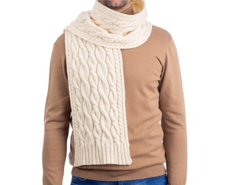 Aran Fisherman Cable Knit Winter Scarf — 100% Pure Merino Wool Shawl — Super Soft, Warm, and Cozy Mens Accessories — Irish Aran Knitting