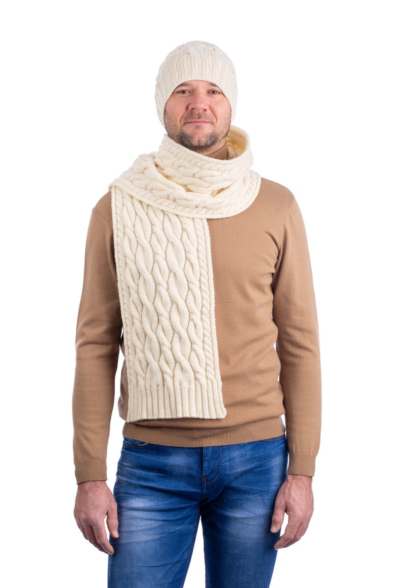 Aran Irish Wool Cable Knit Winter Scarf 100% Pure Merino Wool Shawl Super Soft, Warm, and Cozy Men Accessories Irish Aran Knitting White