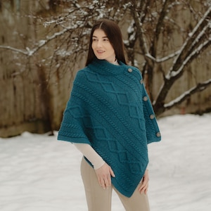 Saol Aran Fisherman Cowl Neck Poncho Shawl, 100% Premium Quality Merino Wool Ruana for Women, Made In Ireland Teal