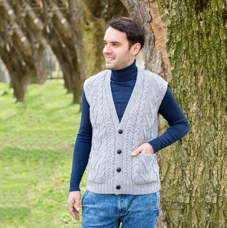 Aran Irish Vest with Buttons & Pockets for Men, 100% Merino Wool Knit Waistcoat, Sleeveless Knit Open Cardigan, Made in Ireland image 8