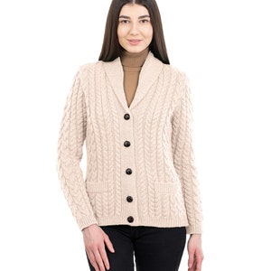 SAOL Merino Shawl Neck Cardigan for Ladies, 100% Merino Wool Buttoned V-neck Cardigan Sweater with Pockets for Women, Made in Ireland Parsnip