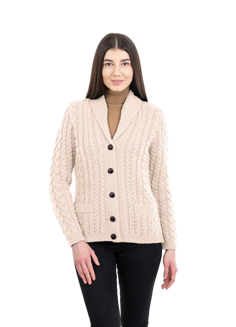 SAOL Merino Shawl Neck Cardigan for Ladies, 100% Merino Wool Buttoned V-neck Cardigan Sweater with Pockets for Women, Made in Ireland Parsnip