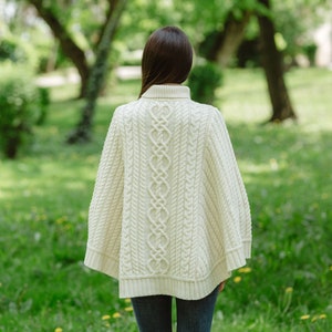 Saol Aran Fisherman Cable Knit Poncho, Turtleneck Merino Wool Poncho, Irish Merino Wool Poncho in White & Wine Color, Made in Ireland image 9