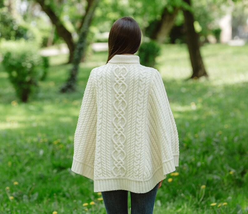 Saol Aran Fisherman Cable Knit Poncho, Turtleneck Merino Wool Poncho, Irish Merino Wool Poncho in White & Wine Color, Made in Ireland image 9