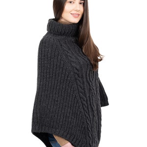 Fisherman Aran Cowl Neck Wrap Poncho 100% Merino Wool Knit Poncho for Women Winter Soft Warm Cape Irish Mantle One Size Fits All Charcoal