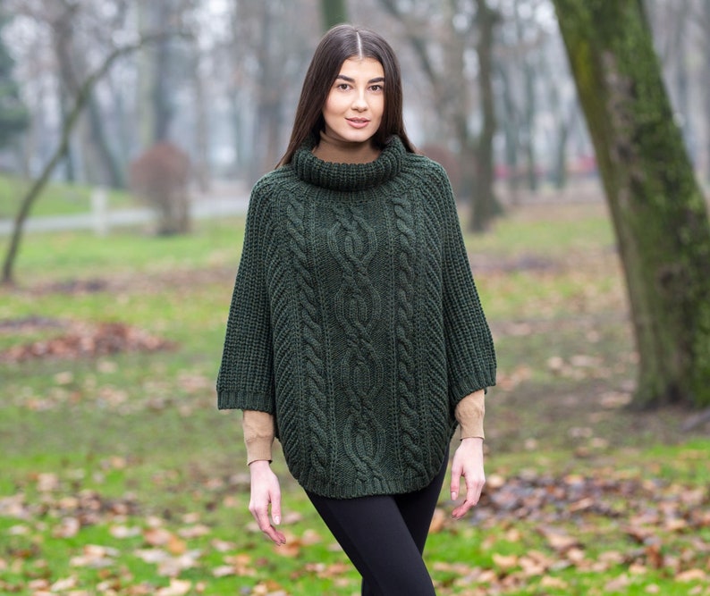 Aran Cowl Neck Knit Poncho for Women: 100% Merino Wool Wrap Shawl Winter Soft, Warm Cape Irish Aran Knitting Mantle One Size Fits All Army Green