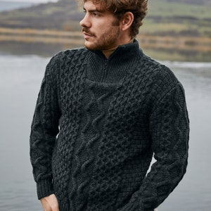 Aran Fisherman Half Zip Sweater Cardigan, 100% Pure Merino Wool Cable Knit Cardigan for Men, Made in Ireland Charcoal