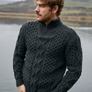 Aran Fisherman Half Zip Sweater Cardigan, 100% Pure Merino Wool Cable Knit Cardigan for Men, Made in Ireland Charcoal