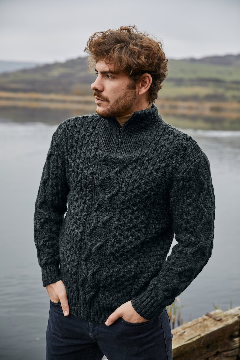 Aran Fisherman Half Zip Sweater Cardigan, 100% Pure Merino Wool Cable Knit Cardigan for Men, Made in Ireland Charcoal