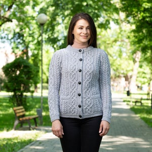 Saol AranTraditional Button Irish Cardigan Sweater 100% Merino Wool Cable Knit Jacket Soft & Warm Button Closure Front Pockets Gray