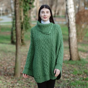 SAOL Aran Irish Cowl Neck Button Poncho Sweater, Fisherman Three Buttoned Cowl Neck Poncho Ruana, 100% Merino Wool Cable Knit Poncho Green