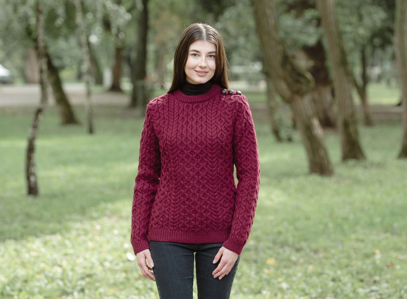 Aran Fisherman Irish Side Button Sweater Jumper, 100% Merino Wool Cable Knit Sweater, Crew Neck Traditional Sweater for Women in Four Colors image 6