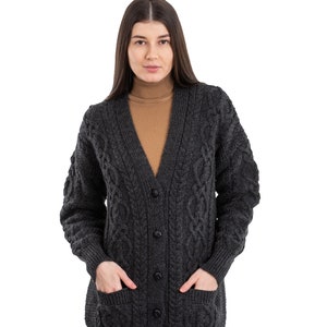 SAOL Cable Knit Boyfriend Cardigan with Front Pockets, 100% Merino Wool Cable Knit Sweater for Women, Made in Ireland image 2