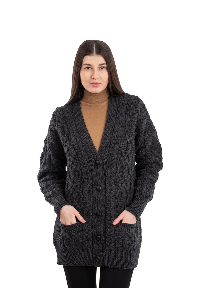 SAOL Cable Knit Boyfriend Cardigan with Front Pockets, 100% Merino Wool Cable Knit Sweater for Women, Made in Ireland image 2