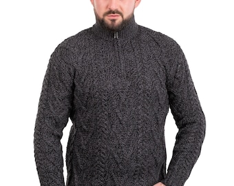 Irish Traditional Aran Fisherman Cable Knit Winter Sweater: 100% Premium Merino Wool Half Zipped Jumper - Soft & Warm Knitted Pullover