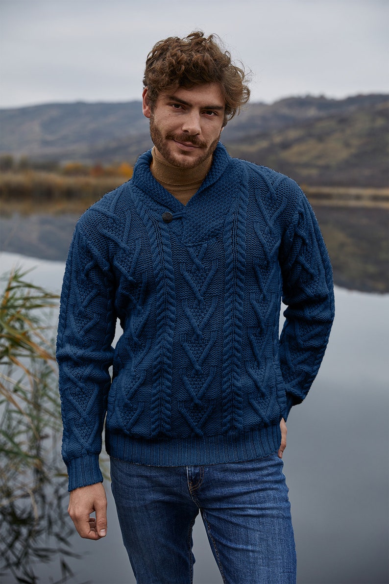 Irish Aran Sweater 100% Merino Wool Sweater Men's Shawl Collar Cable Knit Ireland Pullover: Soft & Warm Jumper Pockets, Single Button image 9