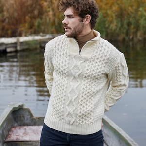 Aran Fisherman Half Zip Sweater Cardigan, 100% Pure Merino Wool Cable Knit Cardigan for Men, Made in Ireland Natural White