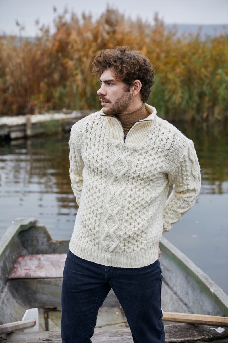 Aran Fisherman Half Zip Sweater Cardigan, 100% Pure Merino Wool Cable Knit Cardigan for Men, Made in Ireland Natural White