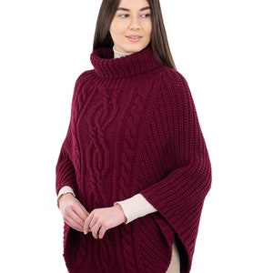 Aran Cowl Neck Knit Poncho for Women: 100% Merino Wool Wrap Shawl Winter Soft, Warm Cape Irish Aran Knitting Mantle One Size Fits All image 8