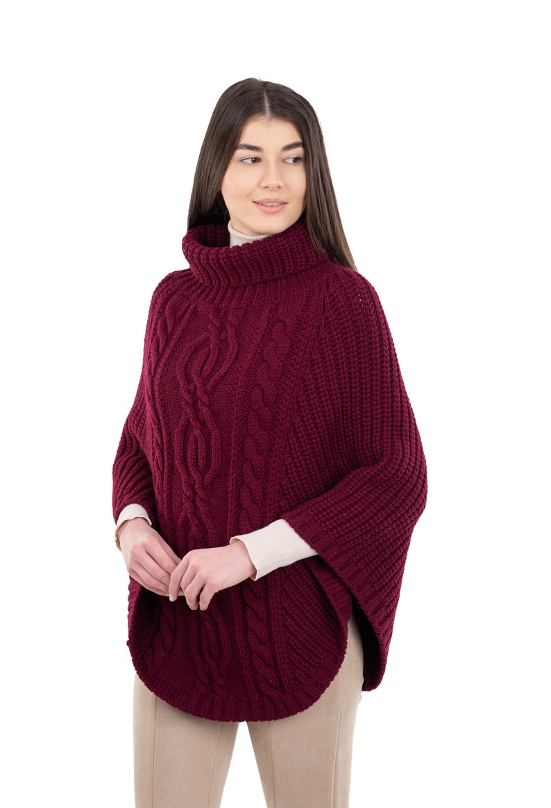 Aran Cowl Neck Knit Poncho for Women: 100% Merino Wool Wrap Shawl Winter Soft, Warm Cape Irish Aran Knitting Mantle One Size Fits All image 8