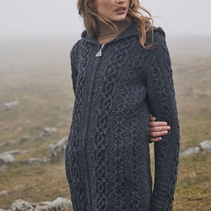 Saol Irish Celtic Aran Zippered Jacket for Women — 100% Merino Wool Cardigan — Soft, Warm, and Comfortable Coatigan- Made in Ireland