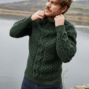 Aran Fisherman Half Zip Sweater Cardigan, 100% Pure Merino Wool Cable Knit Cardigan for Men, Made in Ireland Army Green