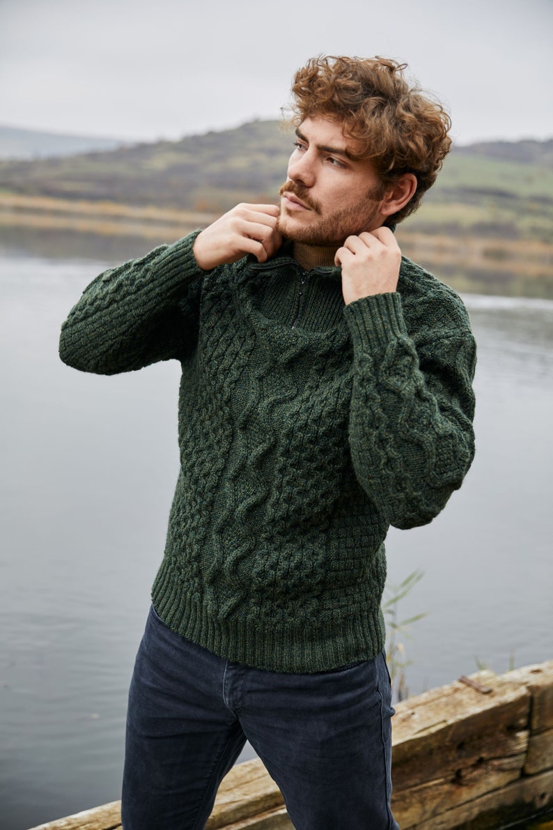 Aran Fisherman Half Zip Sweater Cardigan, 100% Pure Merino Wool Cable Knit Cardigan for Men, Made in Ireland Army Green