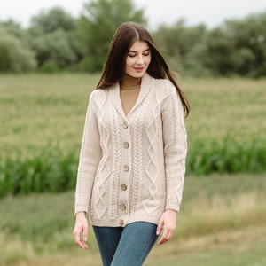 Aran Traditional Ladies Shawl Neck Cardigan Sweater for Women, V-neck Shawl Collar Cardigan for Ladies, Irish Fisherman Buttoned Cardigan image 7