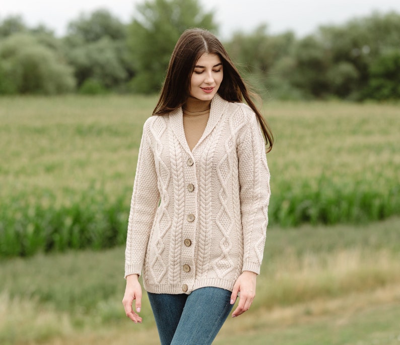 Aran Traditional Ladies Shawl Neck Cardigan Sweater for Women, V-neck Shawl Collar Cardigan for Ladies, Irish Fisherman Buttoned Cardigan image 7