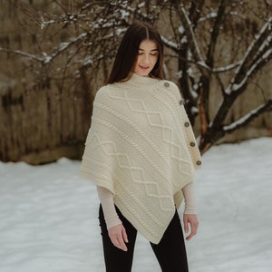 Fisherman Aran Cable Knit Cowl Neck Poncho for Ladies, Merino Wool Cable Knit Shawl for Women in Four Color Option, Made In Ireland Natural White