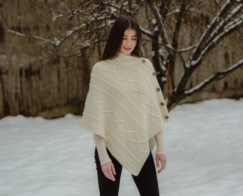 Aran Cowl Neck Poncho Shawl, 100% Merino Cable Knit Poncho, Premium Quality Merino Wool Ruana for Women in 4 Colors, Made In Ireland Natural White