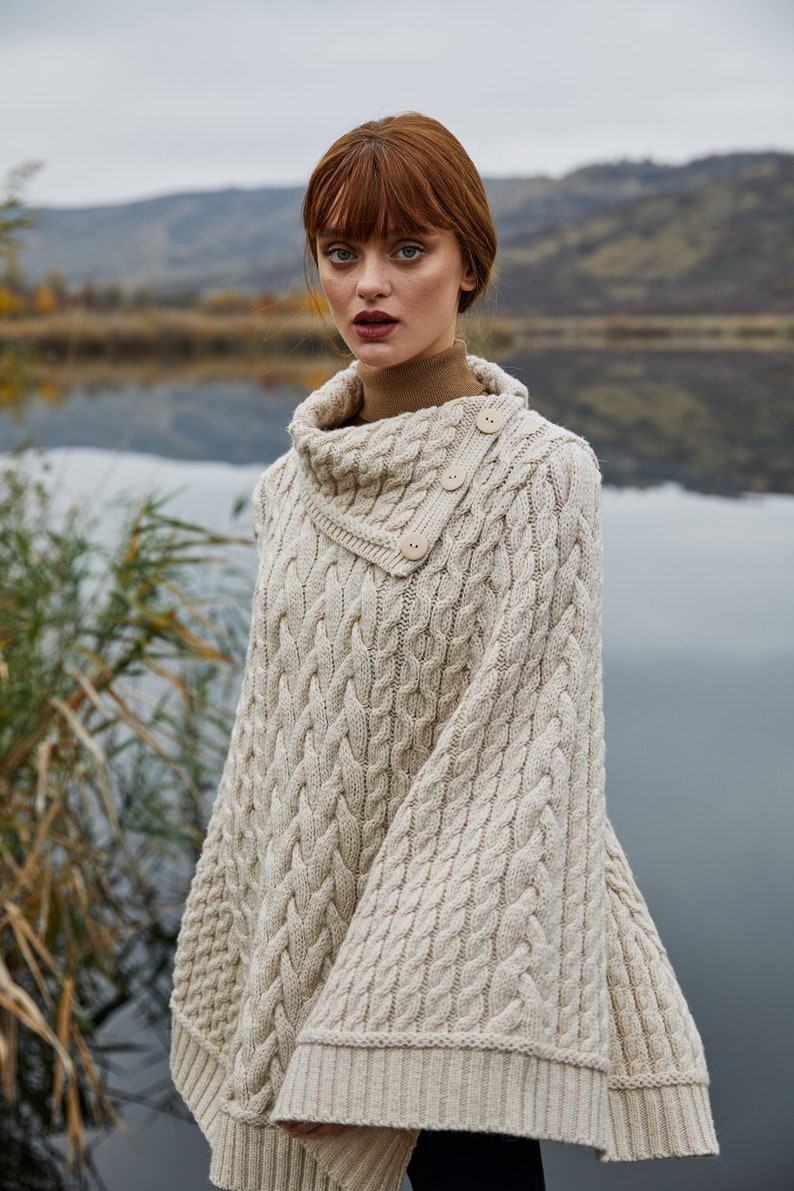 SAOL Aran Irish Cowl Neck Button Poncho Pull, Fisherman Three Buttoned Cowl Neck Poncho Ruana, 100% Merino Wool Cable Knit Poncho image 1