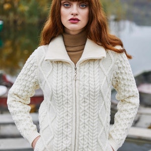 Aran Cable Knit Bomber Jacket, 100% Merino Cable Knit Cardigan Sweater for Women, Made in Ireland image 1