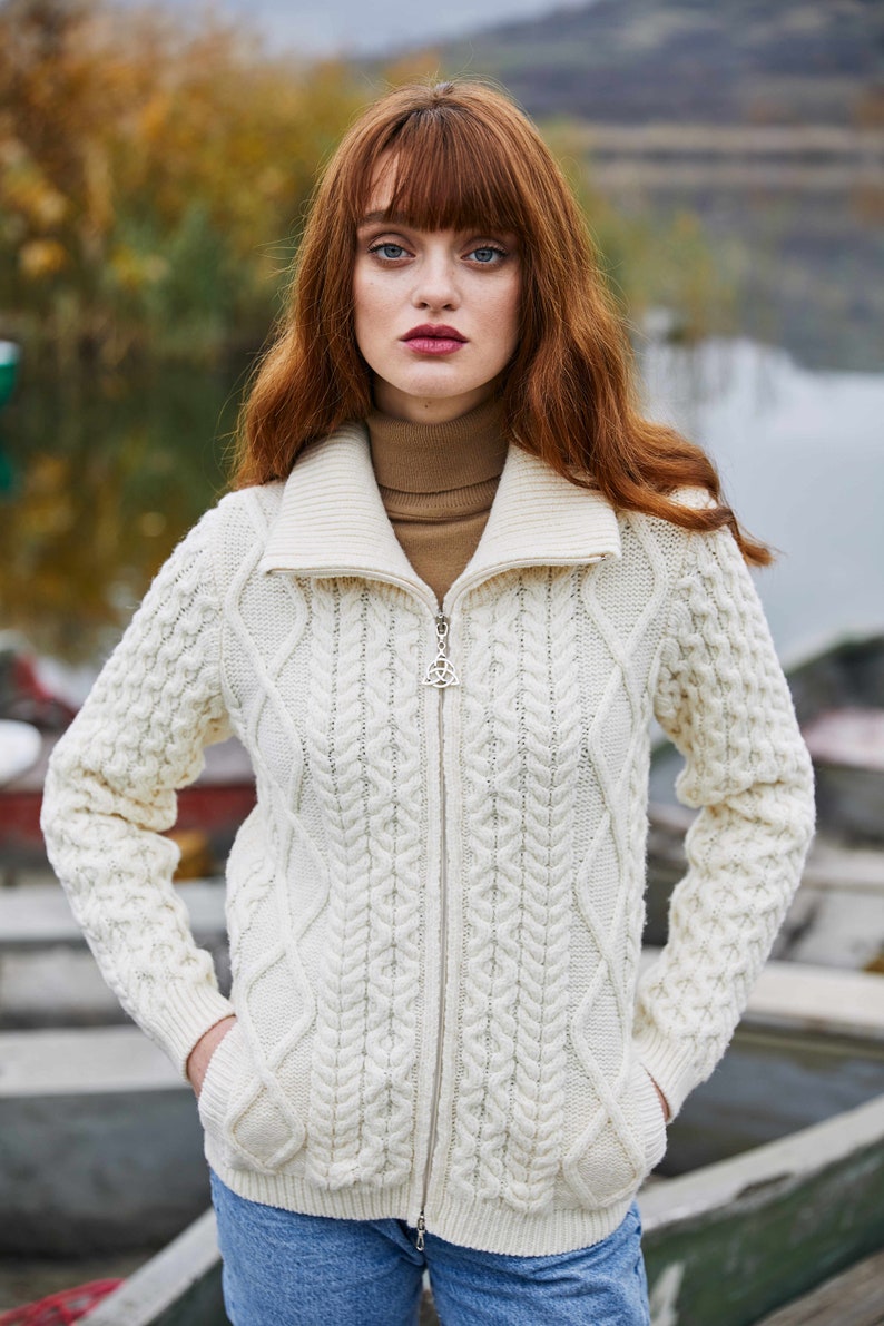 Aran Cable Knit Bomber Jacket, 100% Merino Cable Knit Cardigan Sweater for Women, Made in Ireland image 1