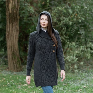 SAOL Aran Leaf Coat Cardigan for Women, Double Breasted Buttoned Cardigan with Hood for Lady, 100 Pure Merino Wool Coat, Made in Ireland Charcoal