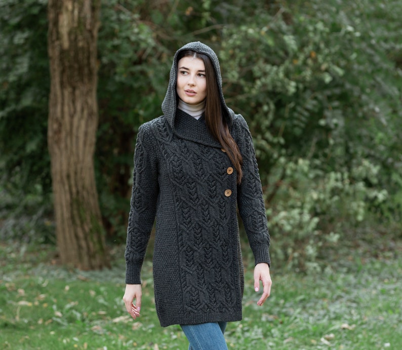 SAOL Aran Leaf Coat Cardigan for Women, Double Breasted Buttoned Cardigan with Hood for Lady, 100 Pure Merino Wool Coat, Made in Ireland Charcoal