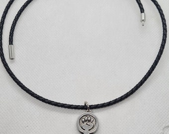 May include: A black leather cord necklace with a silver pendant featuring a raised fist inside a circle above a female symbol.