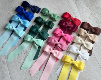 Ponytail hair bow clips in 35 colours for girls, boutique bows for summer, school colour bows with clip or elastic, pigtail bows for gift