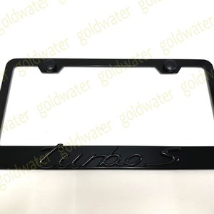 3D Black TURBO S Emblem Black Powder Coated Metal Steel License Plate Frame Holder Black Edition