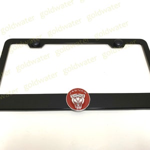3D Jaguar Cat Face Logo Emblem Black Powder Coated Metal Steel License Plate Frame Holder (Red)