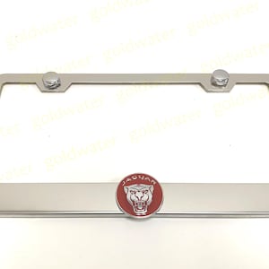 3D Red Jaguar Cat Face Badge Emblem Stainless Steel Chrome Metal License Plate Frame Holder