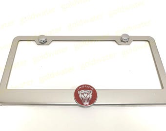 3D Red Jaguar Cat Face Badge Emblem Stainless Steel Chrome Metal License Plate Frame Holder