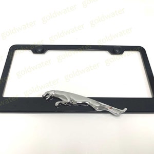 3D Jaguar Leaper Logo Emblem Black Powder Coated Metal Steel License Plate Frame Holder (L)